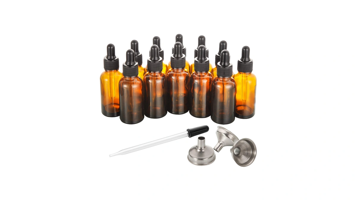 12 Pcs, 1 Oz Amber Dropper Bottles W/ 3 Stainless