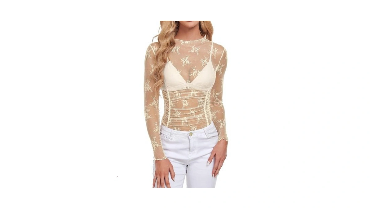 Zaful Women Mesh Tops Lace Undershirt Sheer Mock Neck Tops