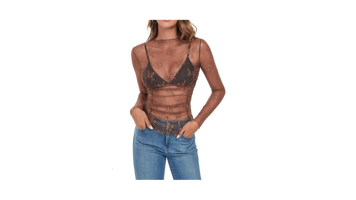 Zaful Women Plus Lace Layering Top Mesh Long Sleeve Lace
