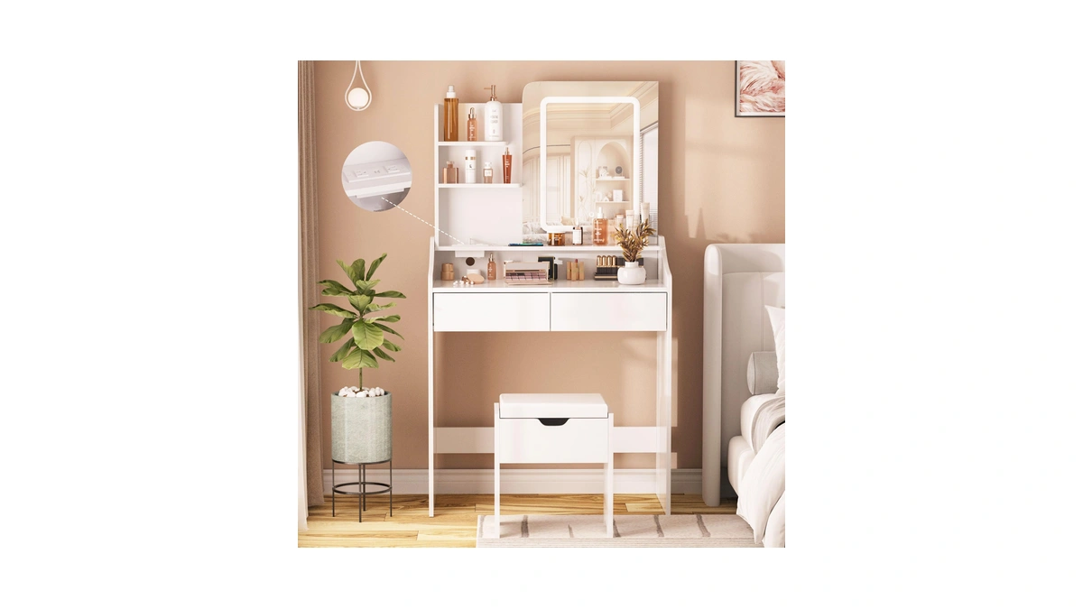 Vabches Vanity Desk With Led Light Mirror And Charging Station