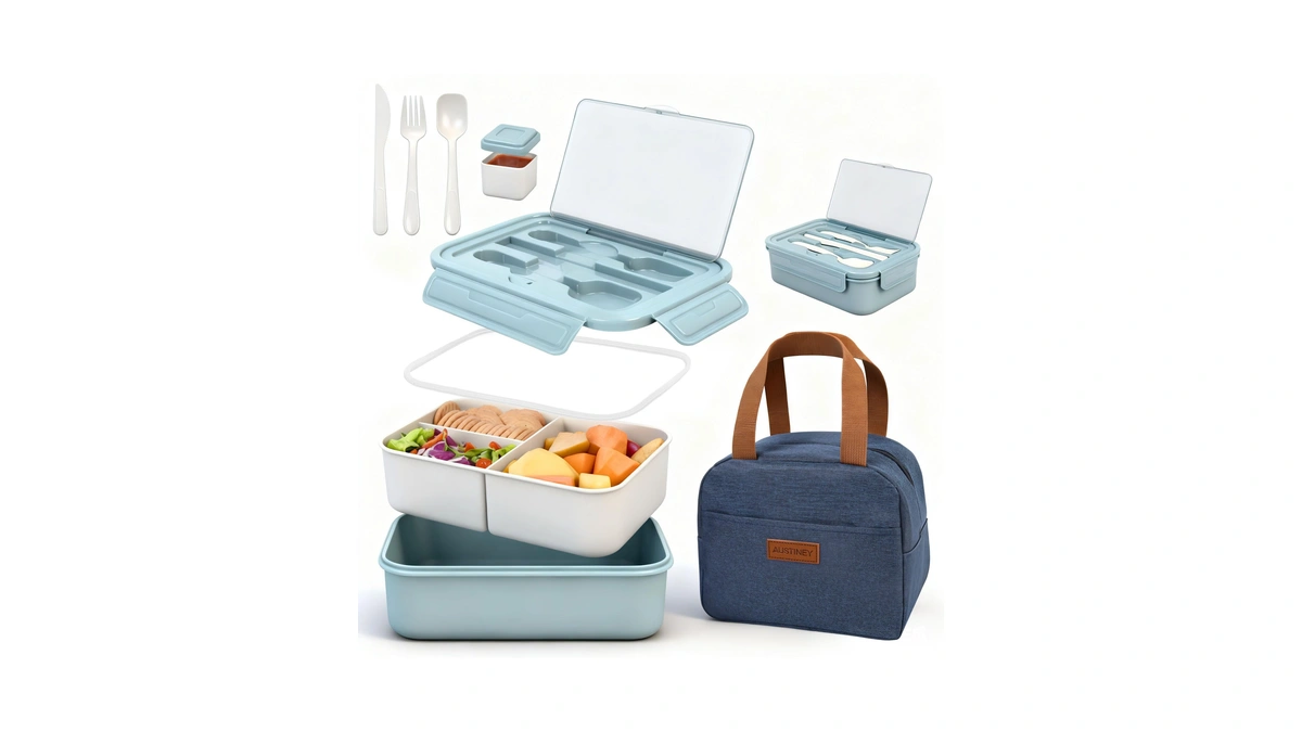 Austiney 1100ml Bento Box With Bag, Leak Proof With Utensil