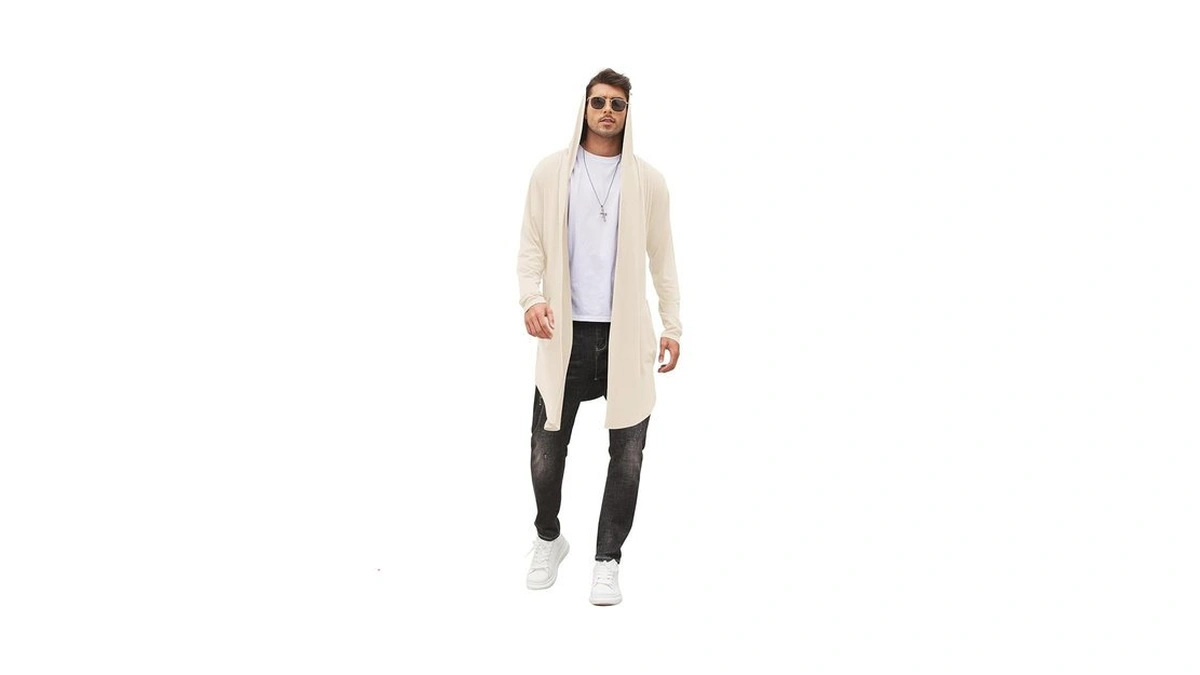Coofandy Men's Long Hooded Cardigan Shawl Collar Lightweight Open Front