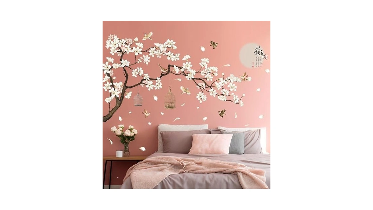 Chinese Style White Flowers Black Tree And Flying Birds Wall