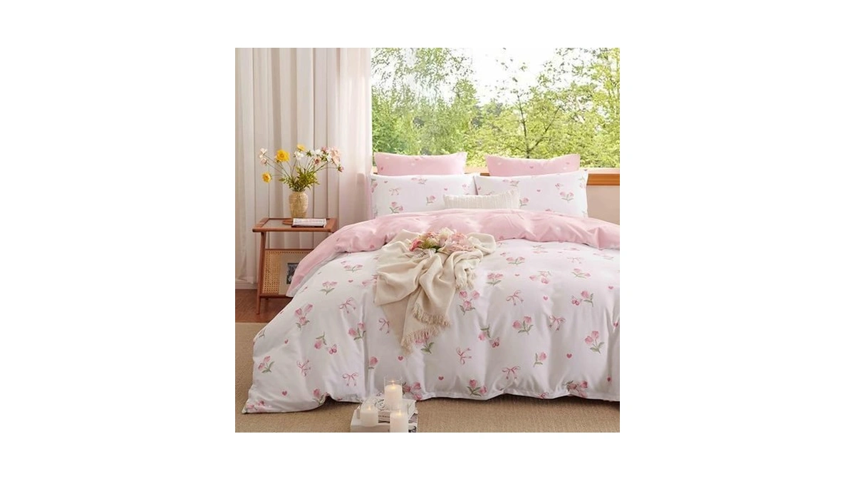 Erwinmu Floral Duvet Cover Set Full Size,pink Tulip Bow Ties