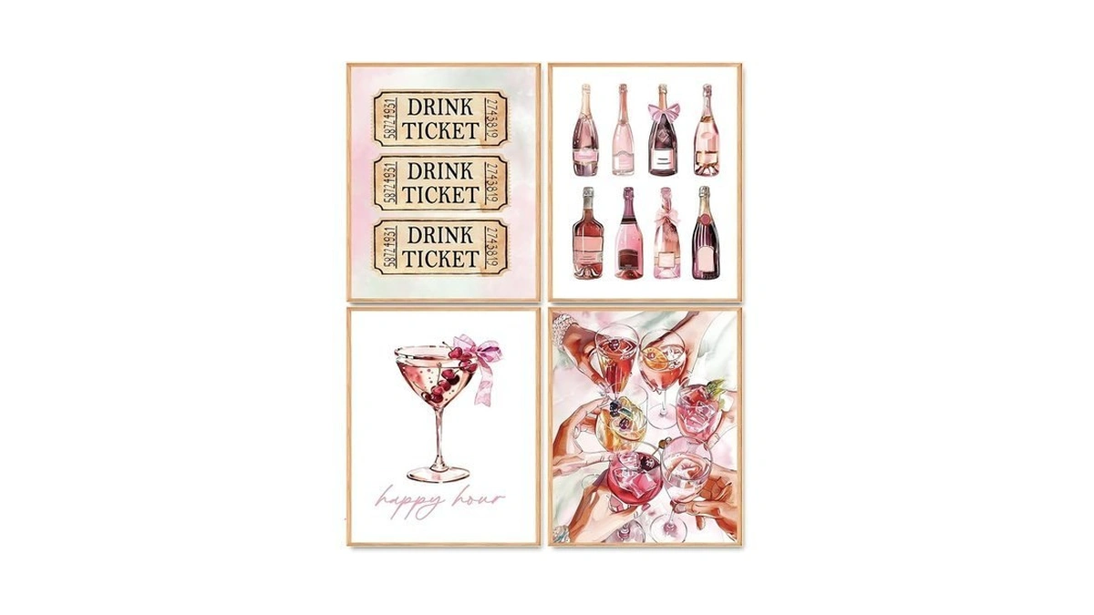 Hapons Pink Bar Champagne Wall Art Set Of 4, Drink