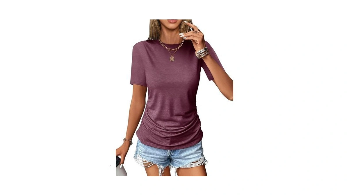Micticsi Womens Ruched Tops Short Sleeve T Shirts Crewneck Slim