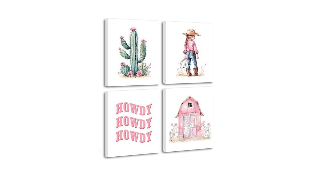 Zoiyino Framed Western Cowgirl Wall Art,4 Piece Pink Cowgirl Prints