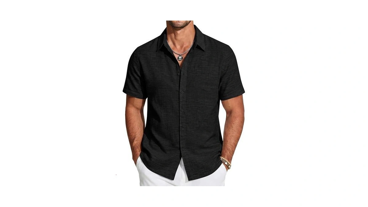 Coofandy Mens Black Short Sleeve Button Down Shirt Casual Linen