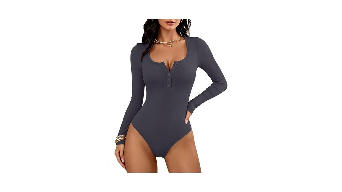 Anrabess Women's Scoop Neck Long Sleeve Bodysuit Deep Grey Medium