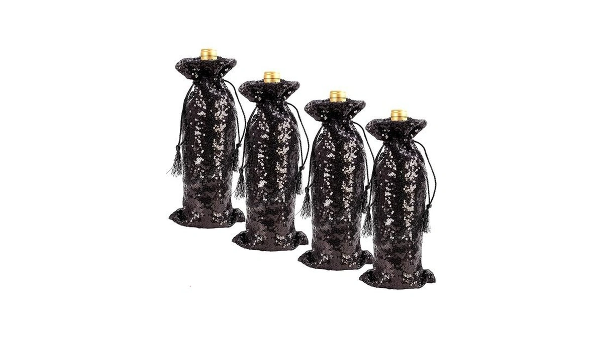 Squarepie Black Sequin Wine Gift Bag 4 Pcs With Drawstrings