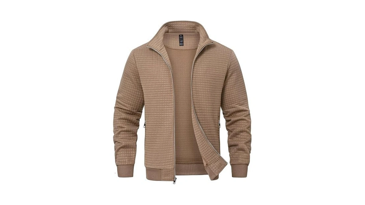 Satankud Men's Jacquard Waffle Plaidcloth Bright Metal Zipper Lightweight Jacket