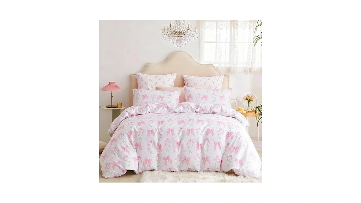 Ccoutuechen Duvet Cover Full 3pcs Pink Floral Bow Bedding Set