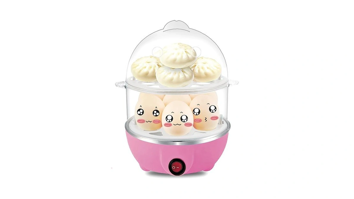 Egg Steamer, Two Layers Pink 6 Inch Diameter Plug-in Steamer
