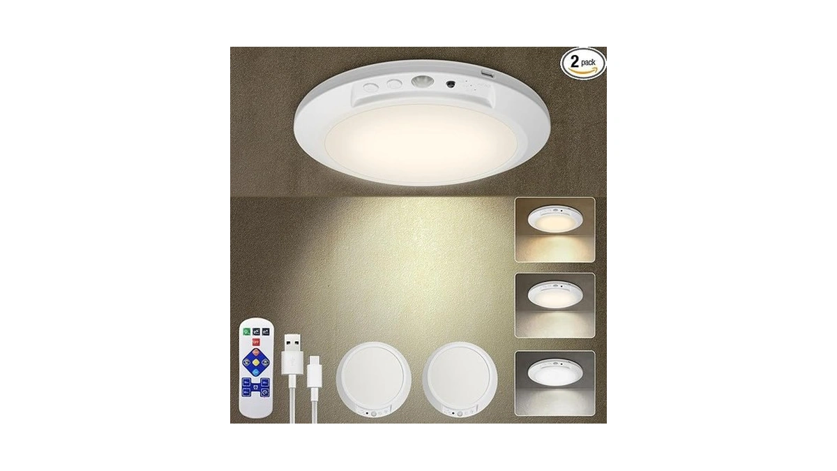 L.jujam Motion Sensor Ceiling Light Battery Operated With Remote, 2