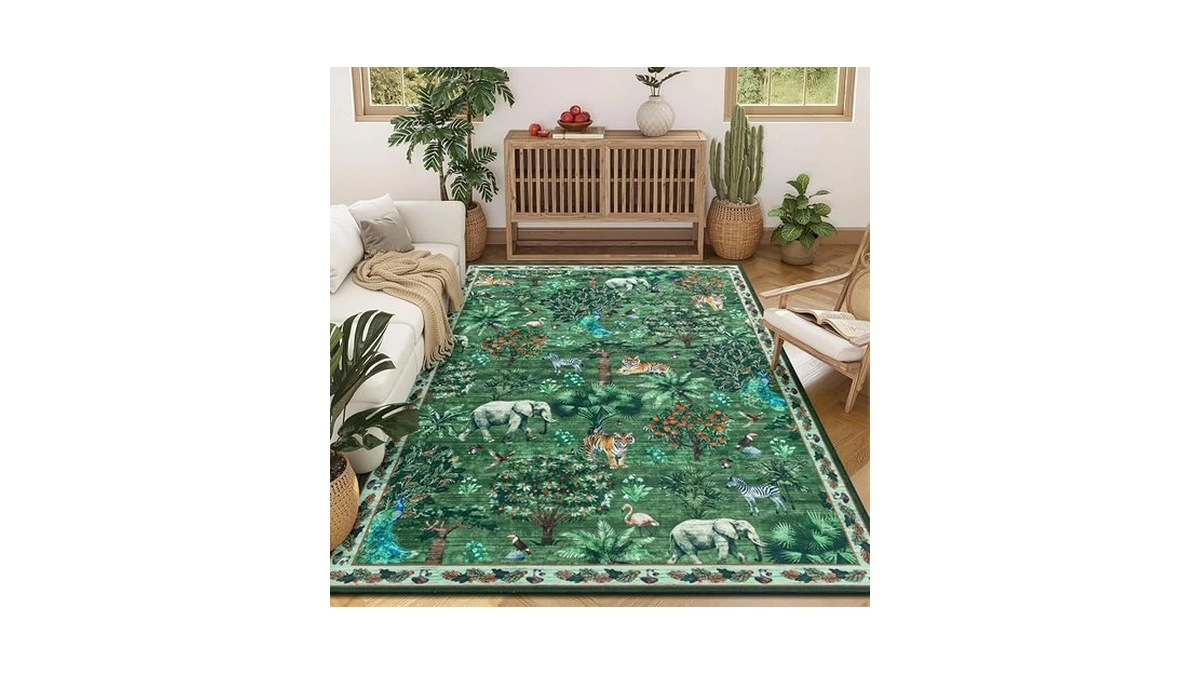Yamaziot Washable Area Rug 5x7 β Jungle Animal Print Linen