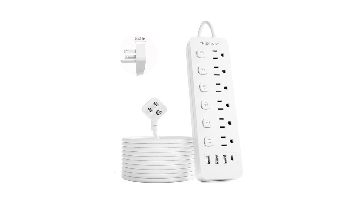 6ft Power Strip With Individual On/off Switches, Flat Plug Extension