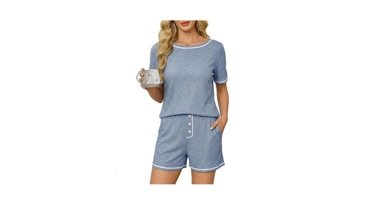 Blooming Jelly Womens Waffle Knit Cute Pajamas Sets Short Sleeve