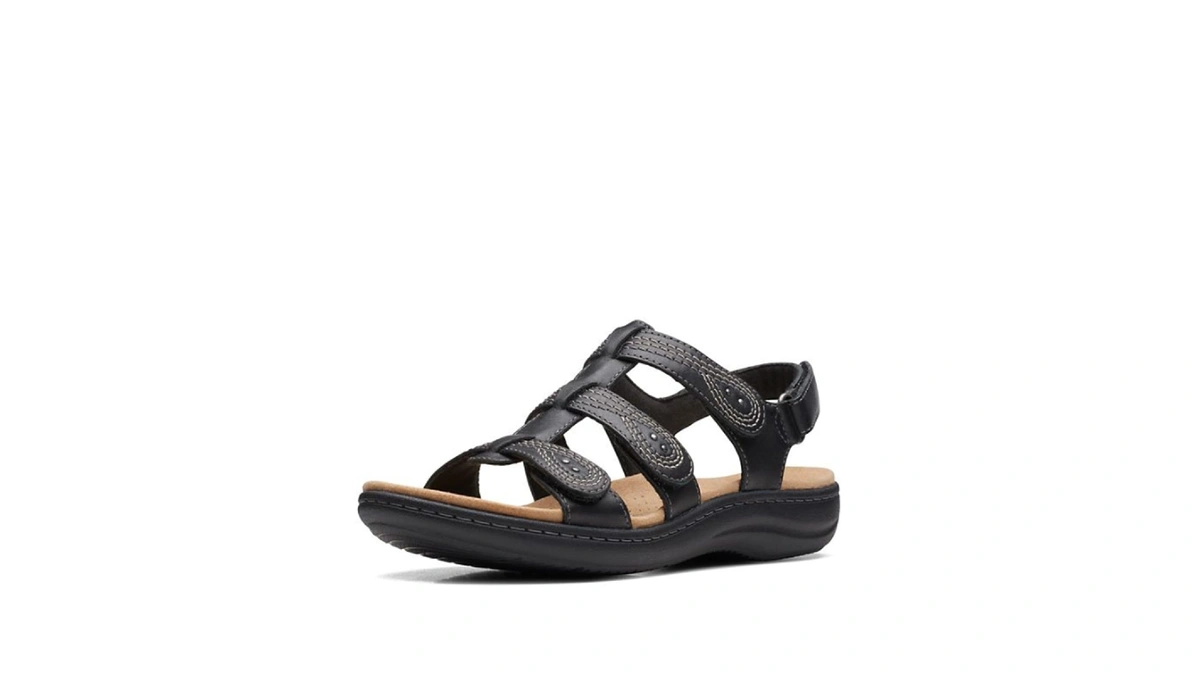 Clarks Women's Laurieann Vine Flat Sandal, Black Leather, 11 Wide