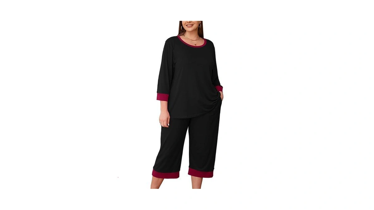 Auslook Women’s Plus Size Pajama Sets Black 1x Soft 3/4