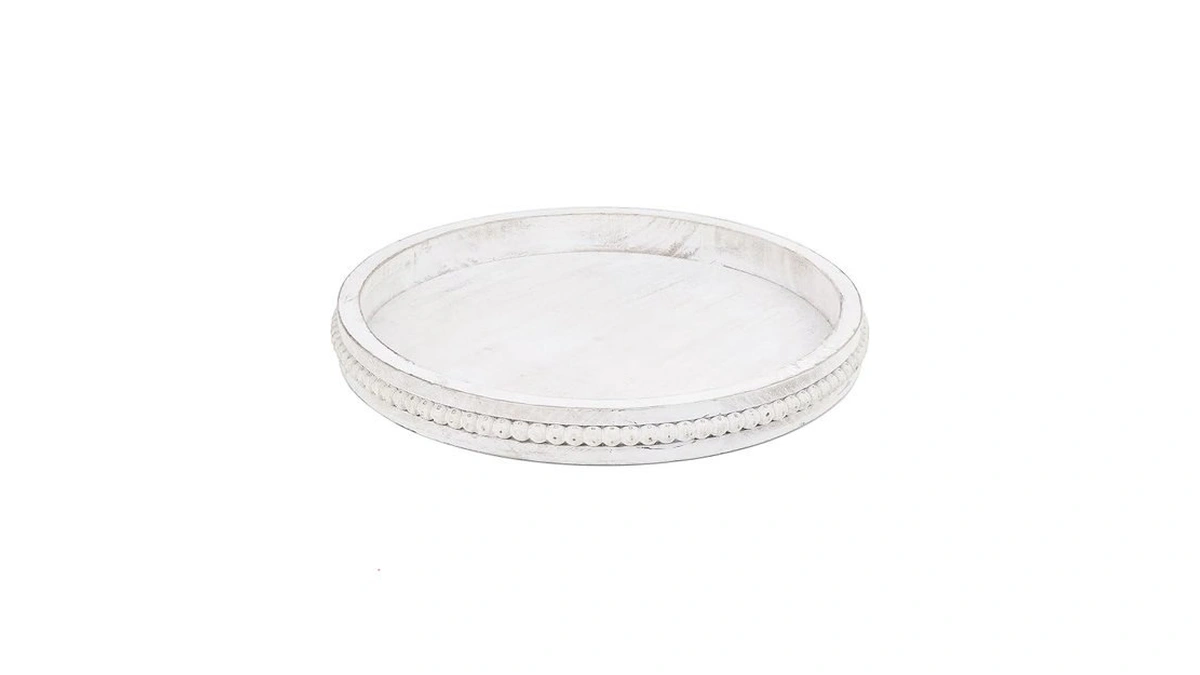 Lnofemin Round Wood Serving Tray With Beads, White Washed Wooden