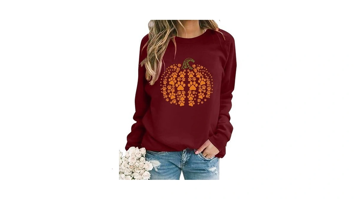 Urvatac Fall Sweatshirt For Women Pumpkin Dog Paw Pullover Thanksgiving