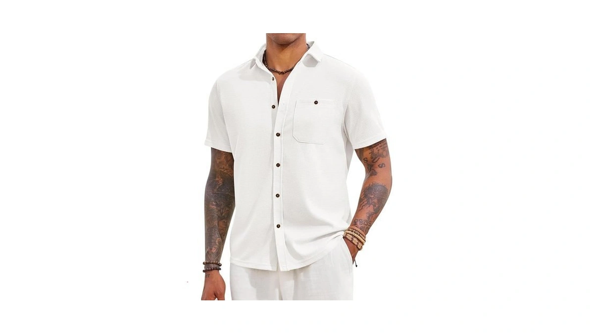 Yousify Mens Button Down Shirts Short Sleeve Waffle Knit Summer