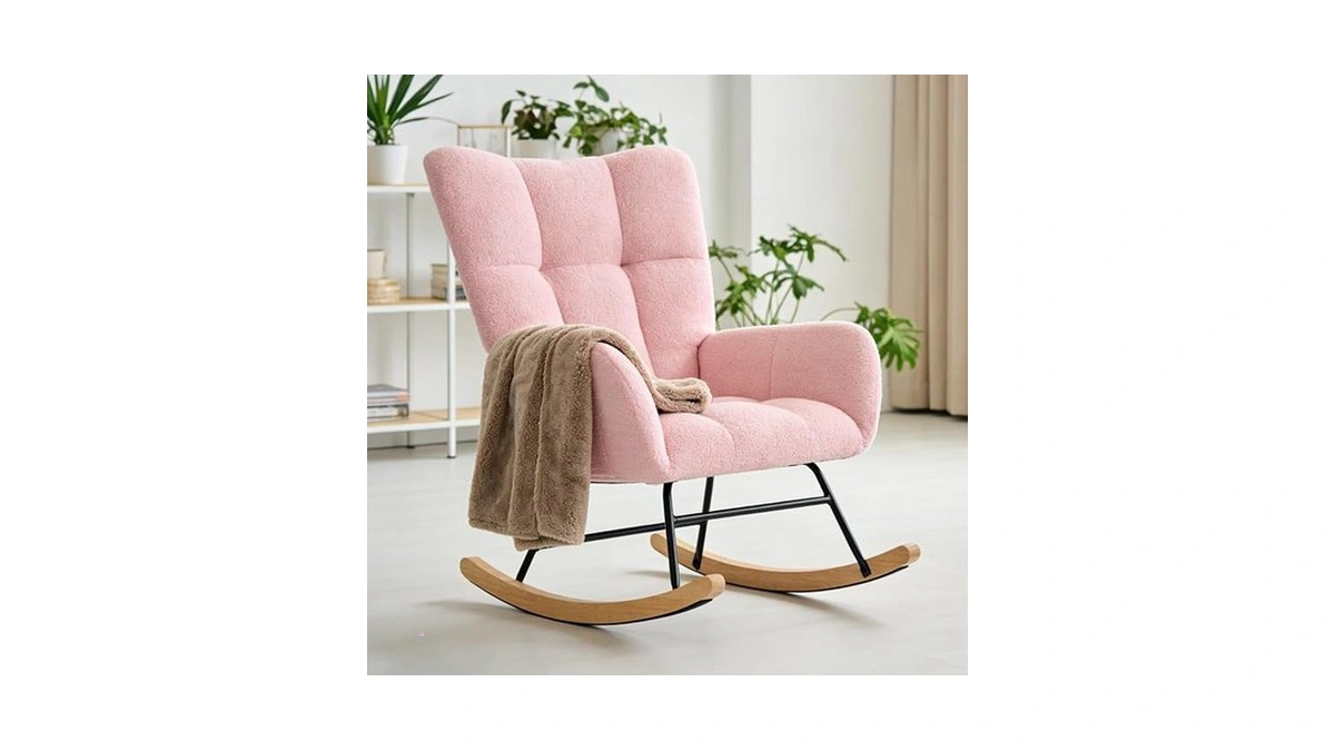 Dumos Nursery Rocking Chair Teddy Upholstered, Comfy Glider Rocker With
