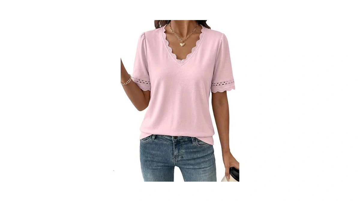 Dokotoo Lace Tops For Women Short Puff Scallop Sleeve Top