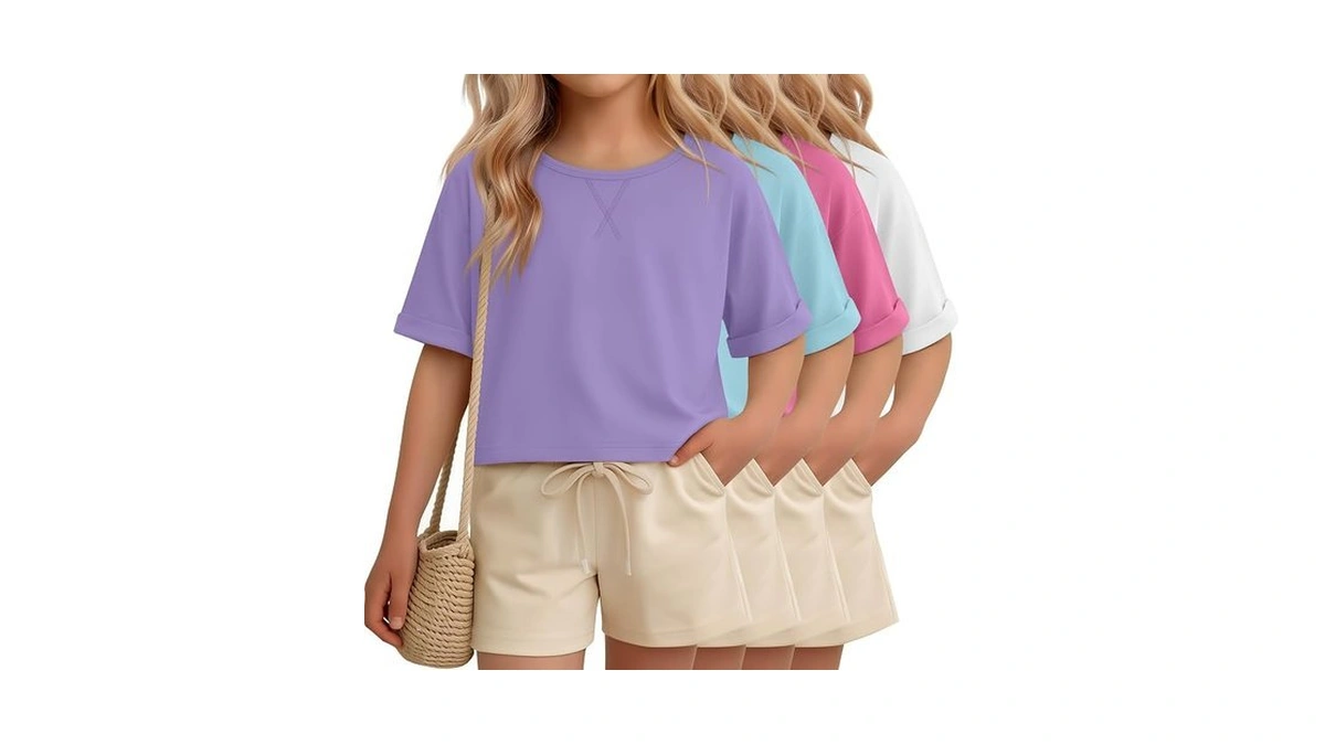 Oakgarden 4 Pack Girls Crop Shirts Summer Short Sleeve Tops