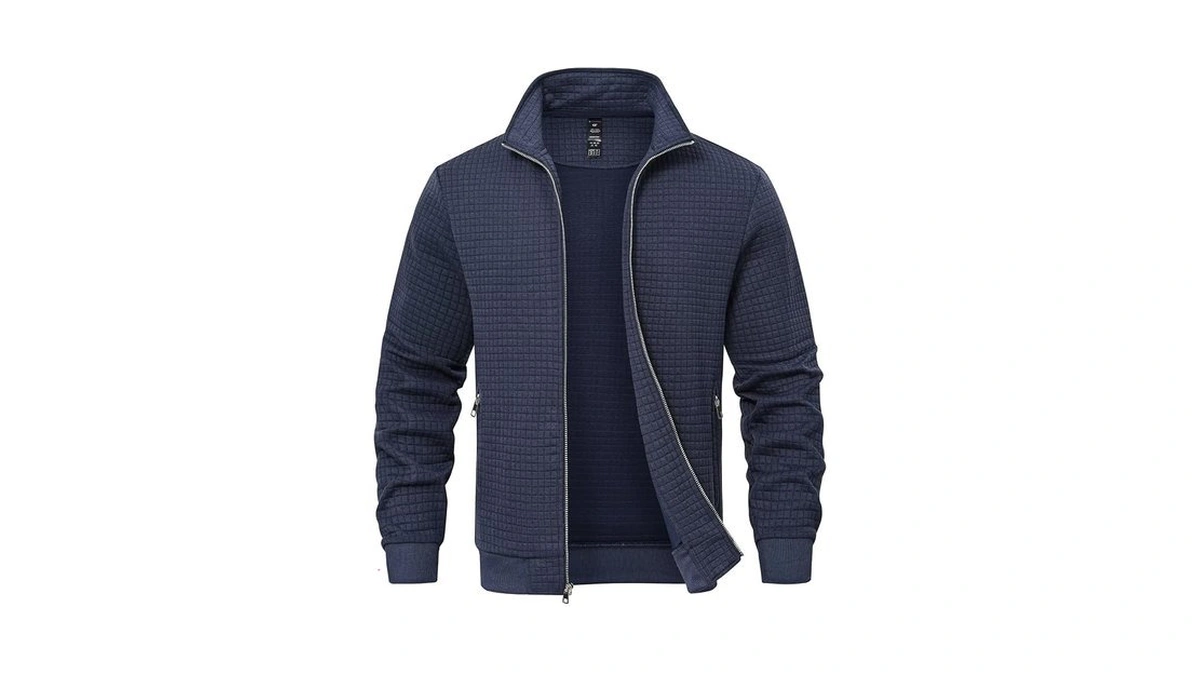 Satankud Men's Jacquard Waffle Plaidcloth Bright Metal Zipper Lightweight Jacket