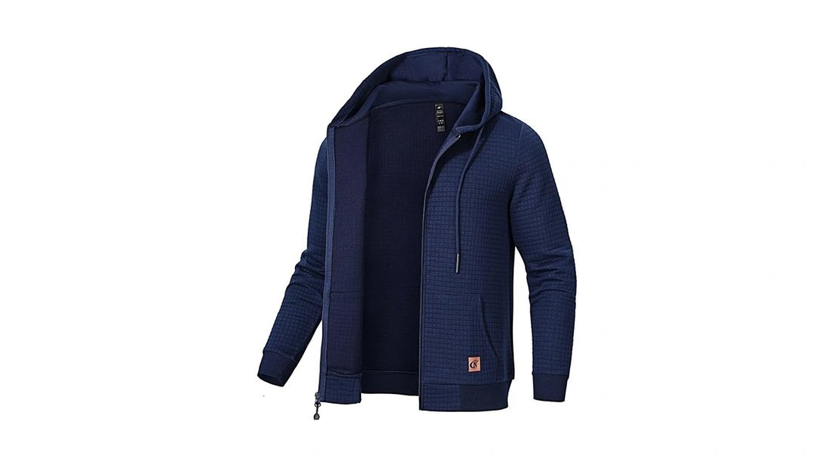 Satankud Men's Jacquard Plaidcloth Lightweight Zipper Hoodie Sweatshirt Jacket Navy