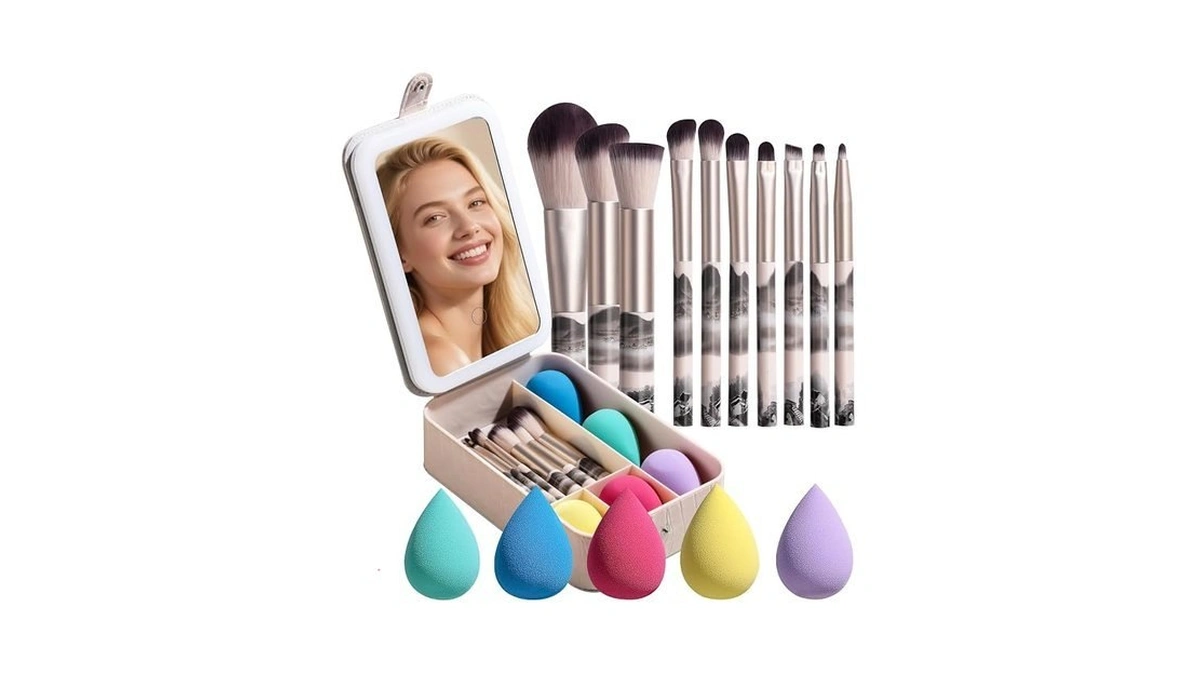Bs-mall Large Led Makeup Mirror Case Travel Makeup Brushes Set