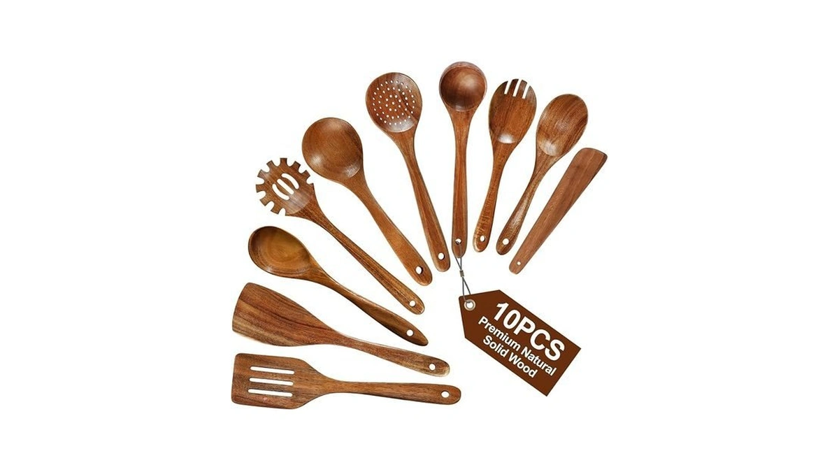 Pleafind Natural Solid Wooden Utensil Set - 10 Pcs, Non-stick