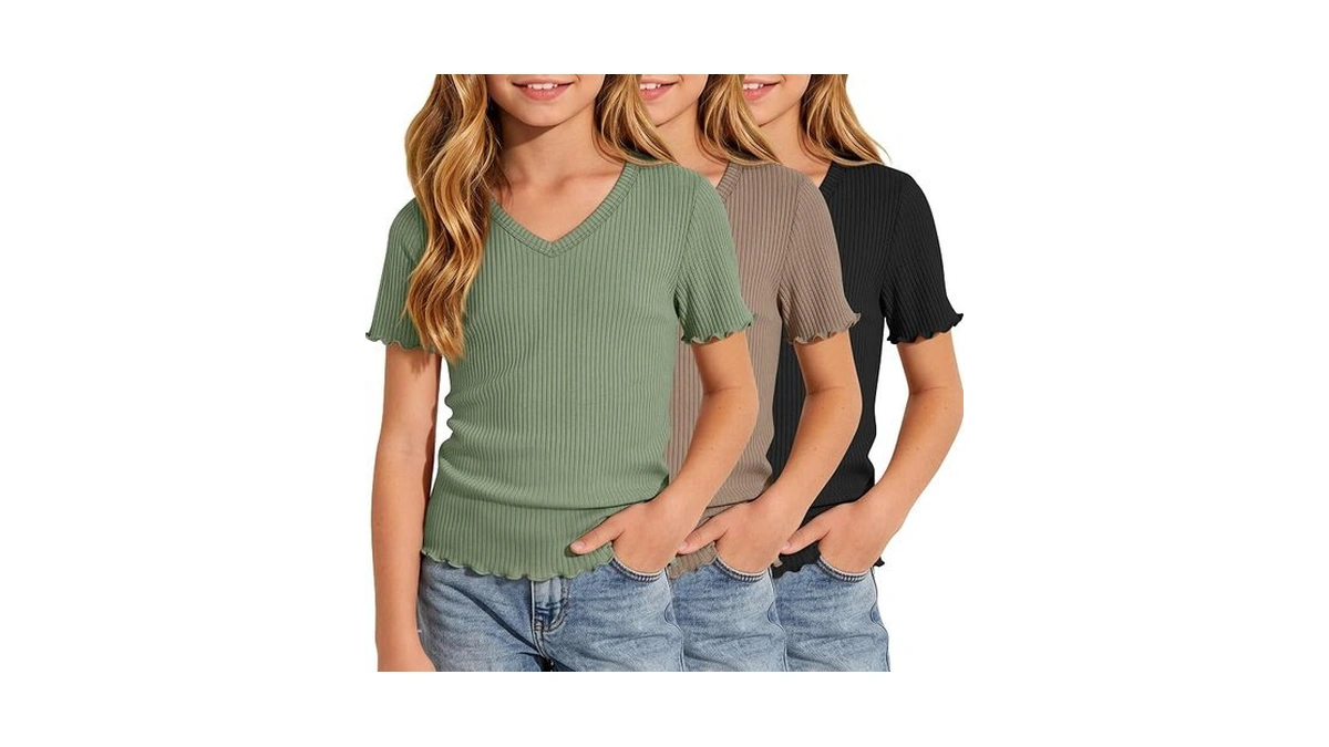 Lessonzoo 3 Pack Girl T-shirts Short Sleeve V Neck Lettuce