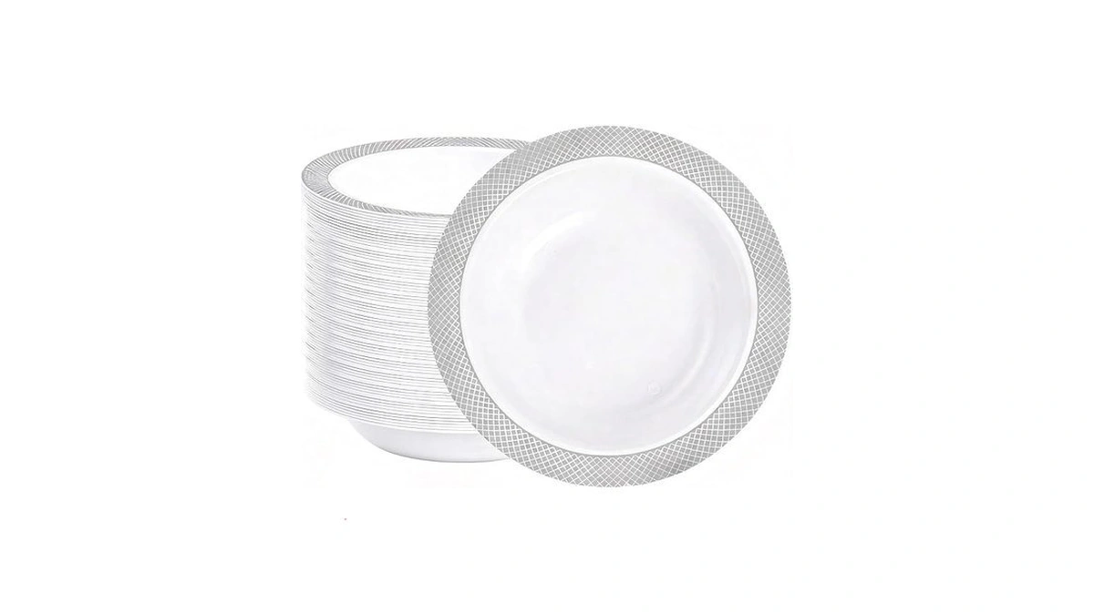 I00000 100 Silver Plastic Bowls,12 Oz White Disposable Bowls,fancy Plastic