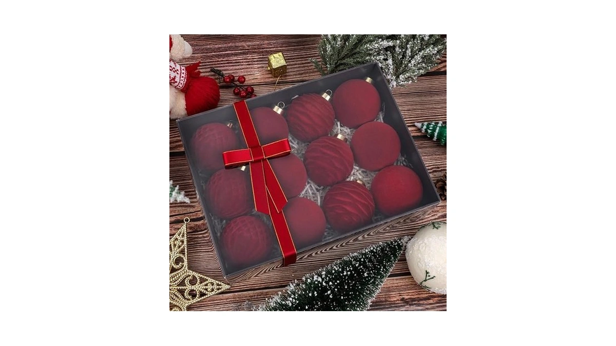 Festiva Christmas Tree Ornaments Velvet Balls - 12 Pcs Burgundy