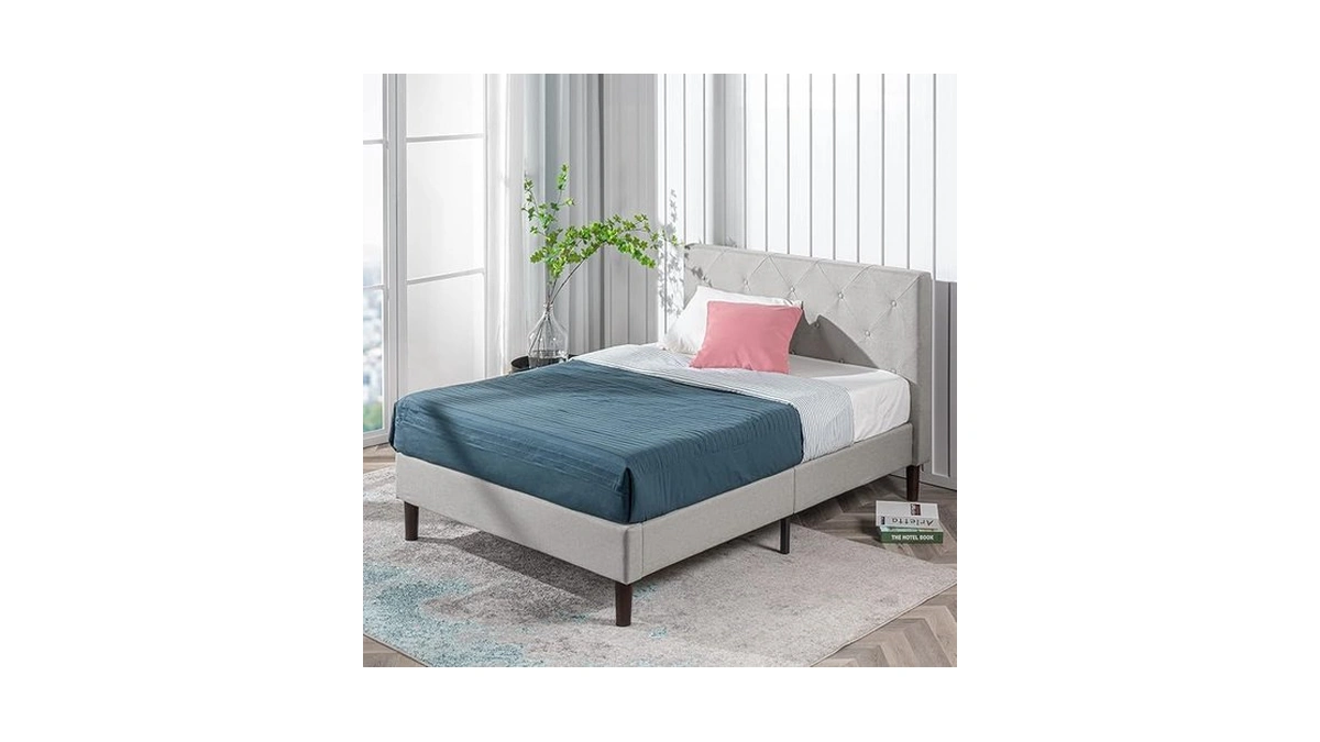 Zinus Shalini Upholstered Platform Bed Frame, Mattress Foundation, Wood Slat