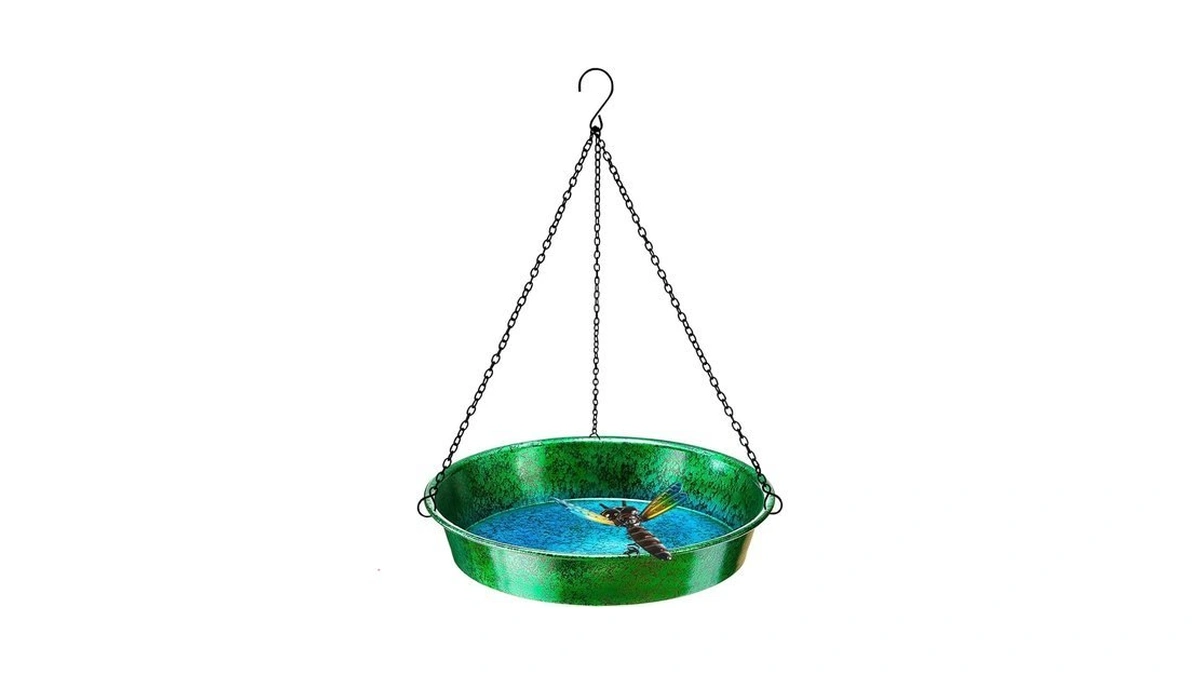 Hanging Bird Bath For Outside, 11.5” Metallic Green & Blue