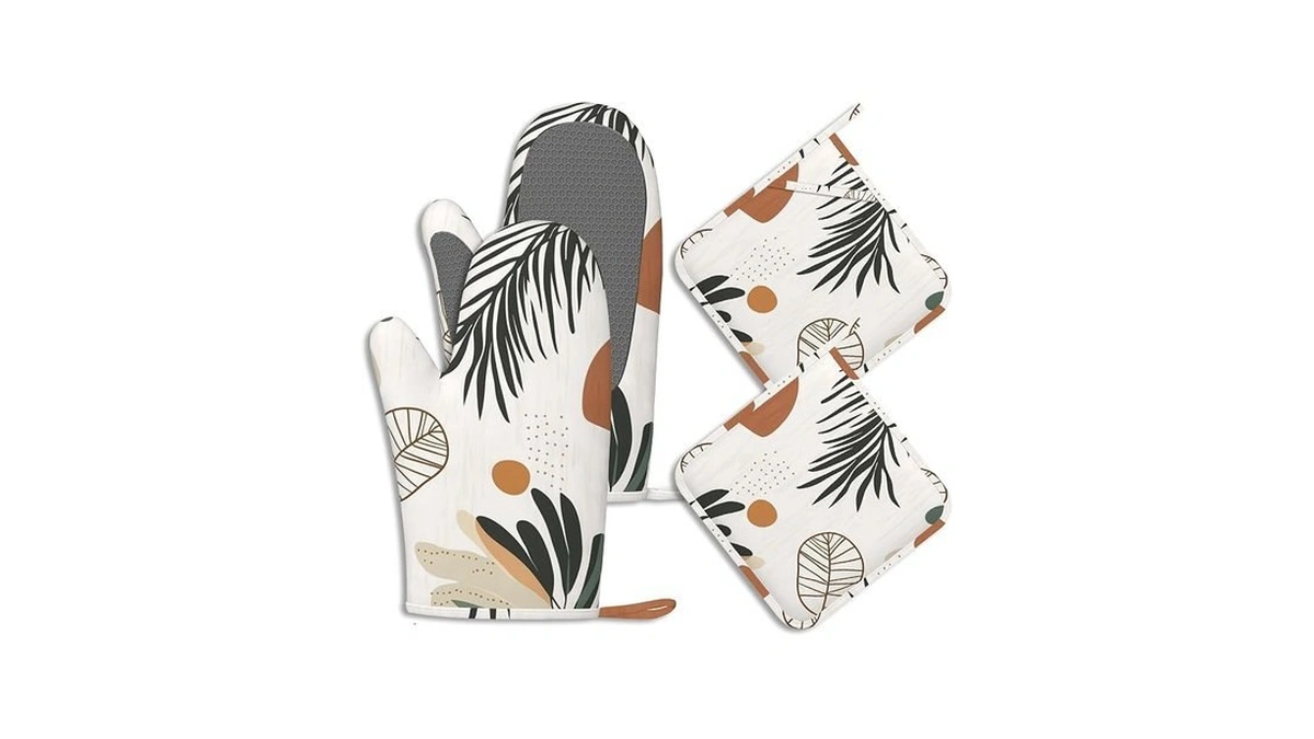 Boho Palm Leaf Potholders & Oven Mitts Sets Abstract Geometric