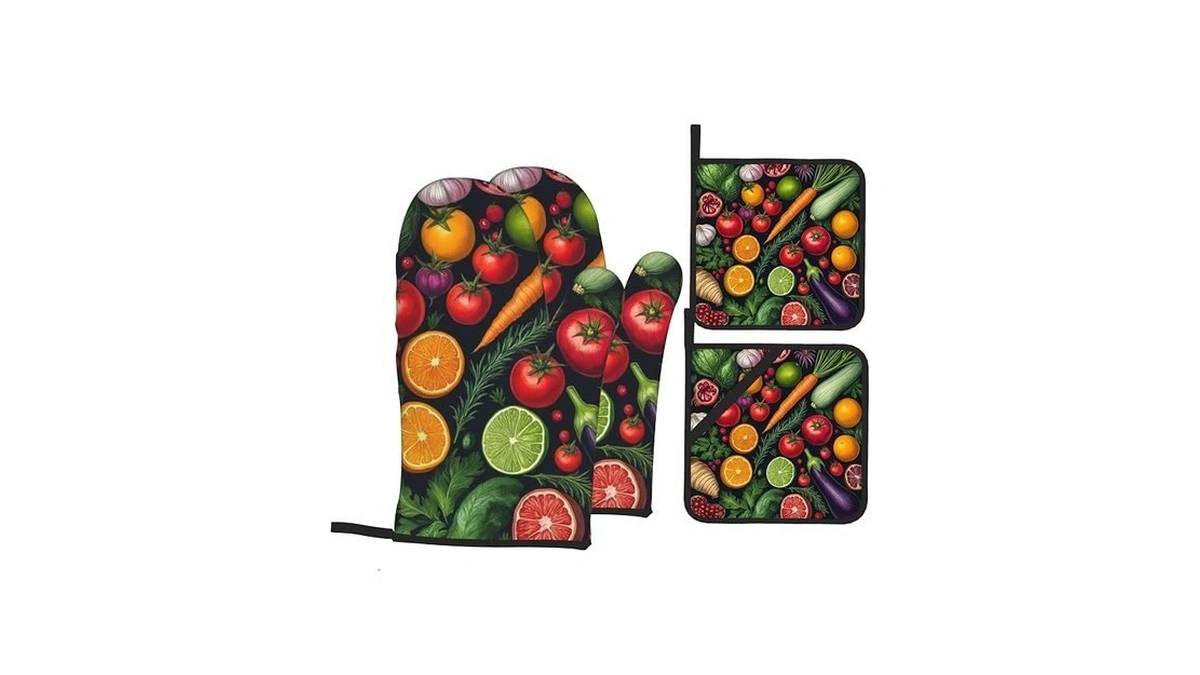 Oven Mitts And Hot Pads Set - Vegetables Design, Heat