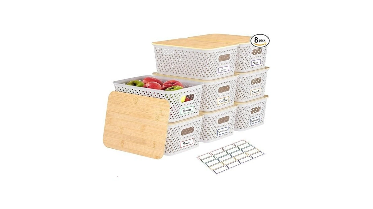 Anysig 8 Packs Plastic Storage Bins With Bamboo Lids -