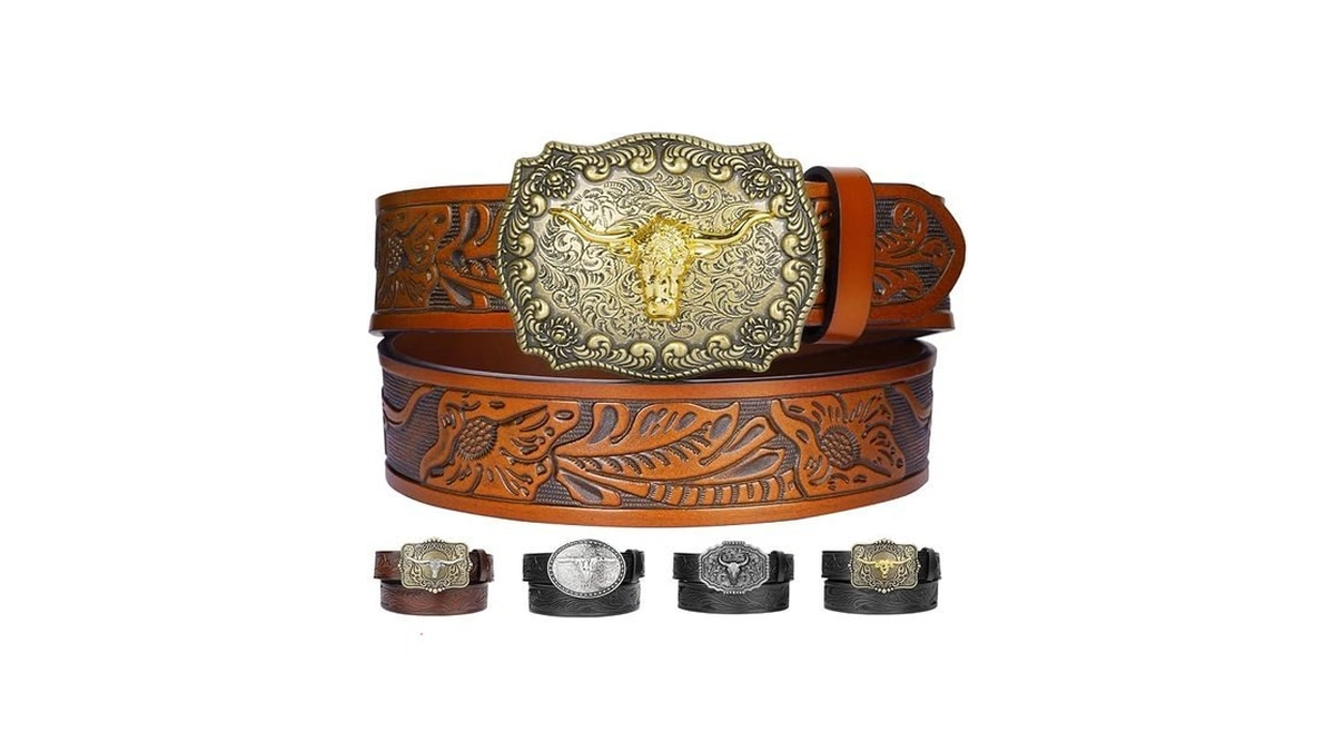 Kicoroiny Leather Western Belts For Woman Men - Bull Buckle,