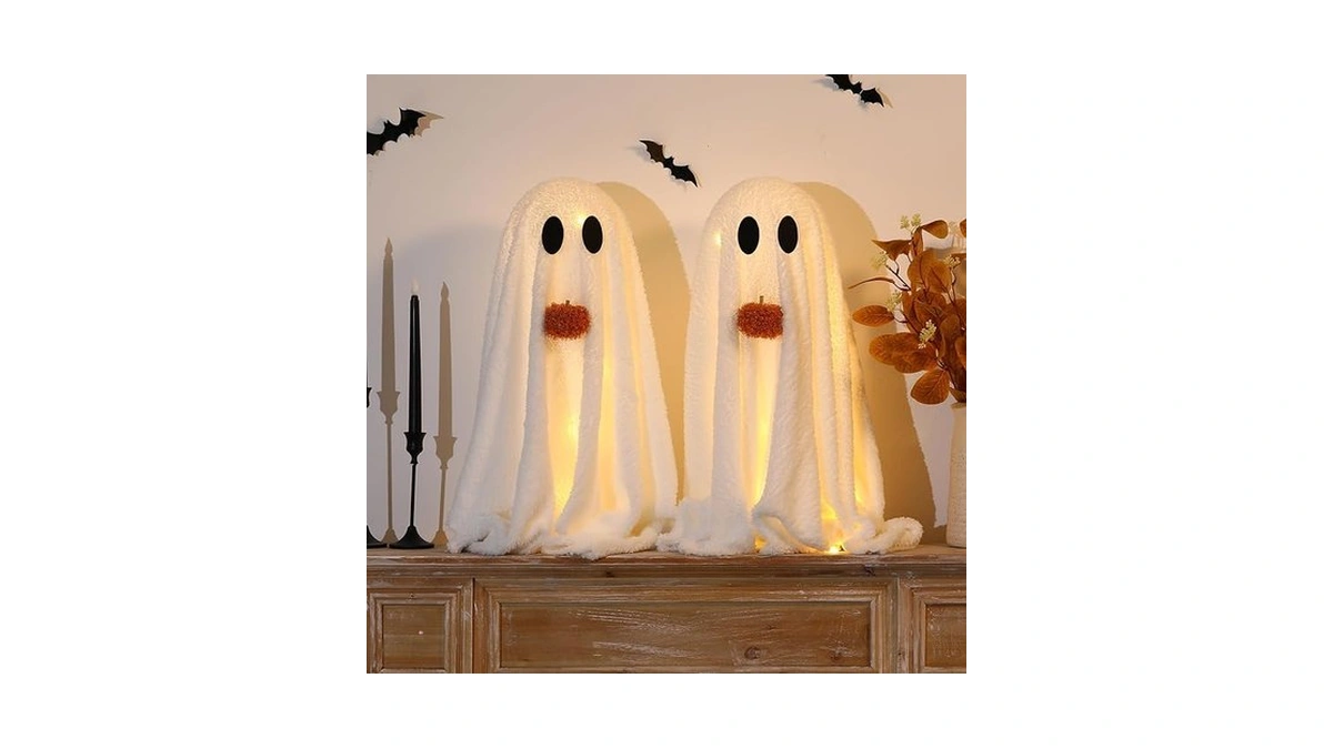 Halloween Decorations-2 Pack Light-up Sherpa Ghosts With Pumpkin Halloween Decor