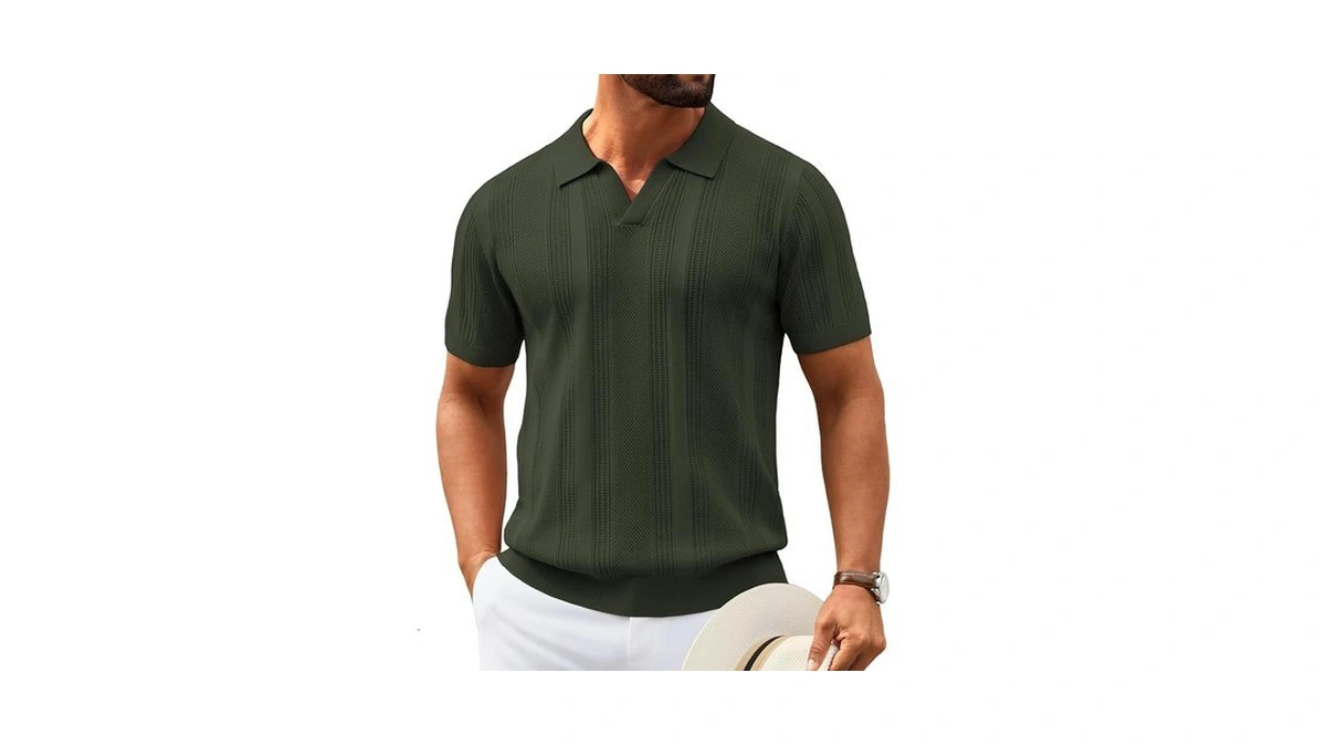 Coofandy Men's Textured Polo Shirts Short Sleeve Ribbed Knitted Polo