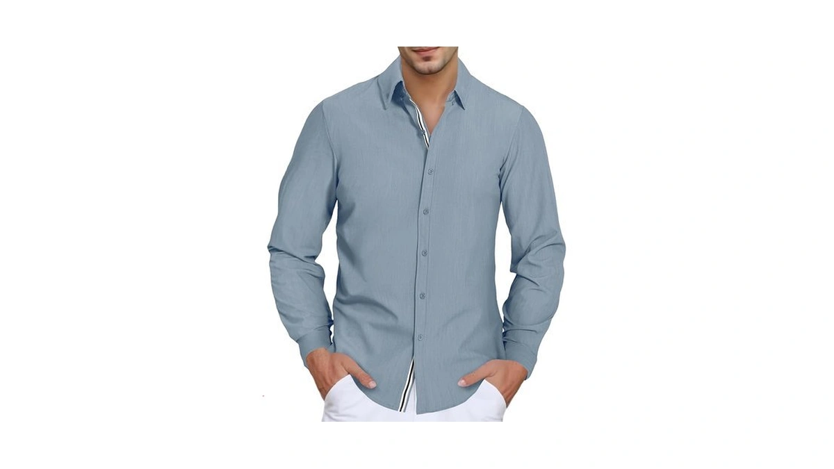 Hrbtens Men's Stretch Denim Dress Shirt Long Sleeve Casual Button