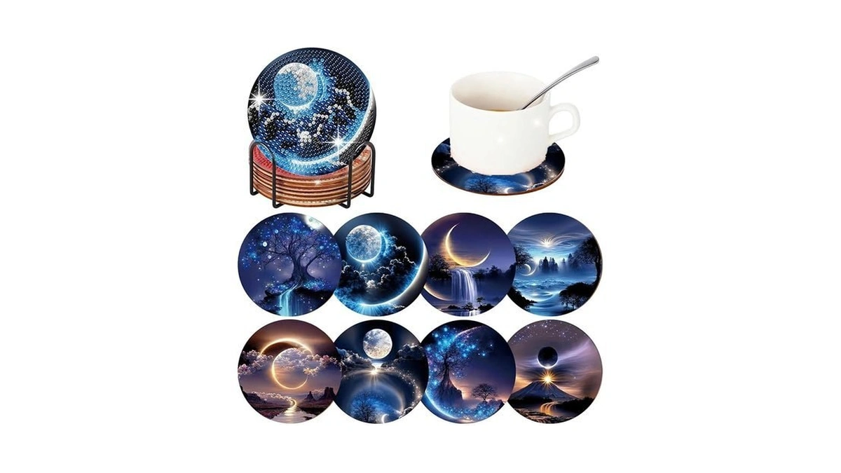 Gemozaic 8pcs Diamond Art Coasters Kit, Moon Night Landscape Diamond