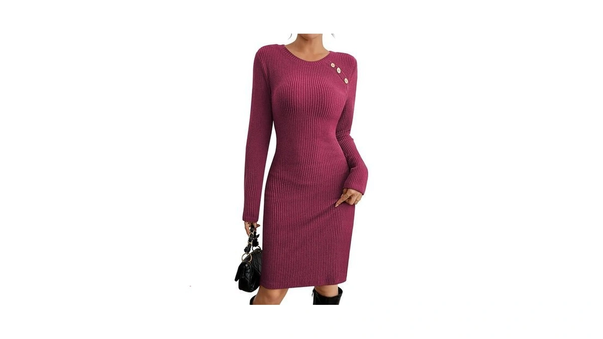 Pink Queen Ribbed Crew Neck Long Sleeve Vacation Dresses For