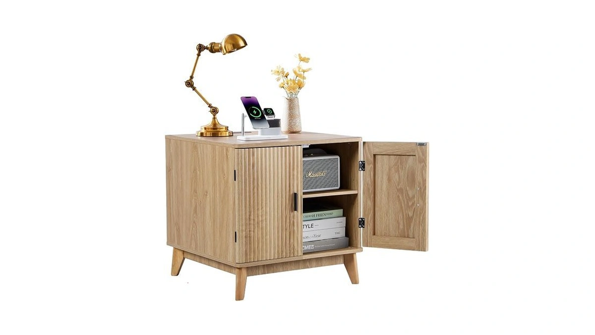 Affeivul Fluted End Table With Charging Station, Mid Century Modern