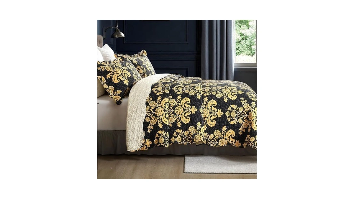 Qiqiong 100% Cotton Floral King Quilt Set, Vintage Black &