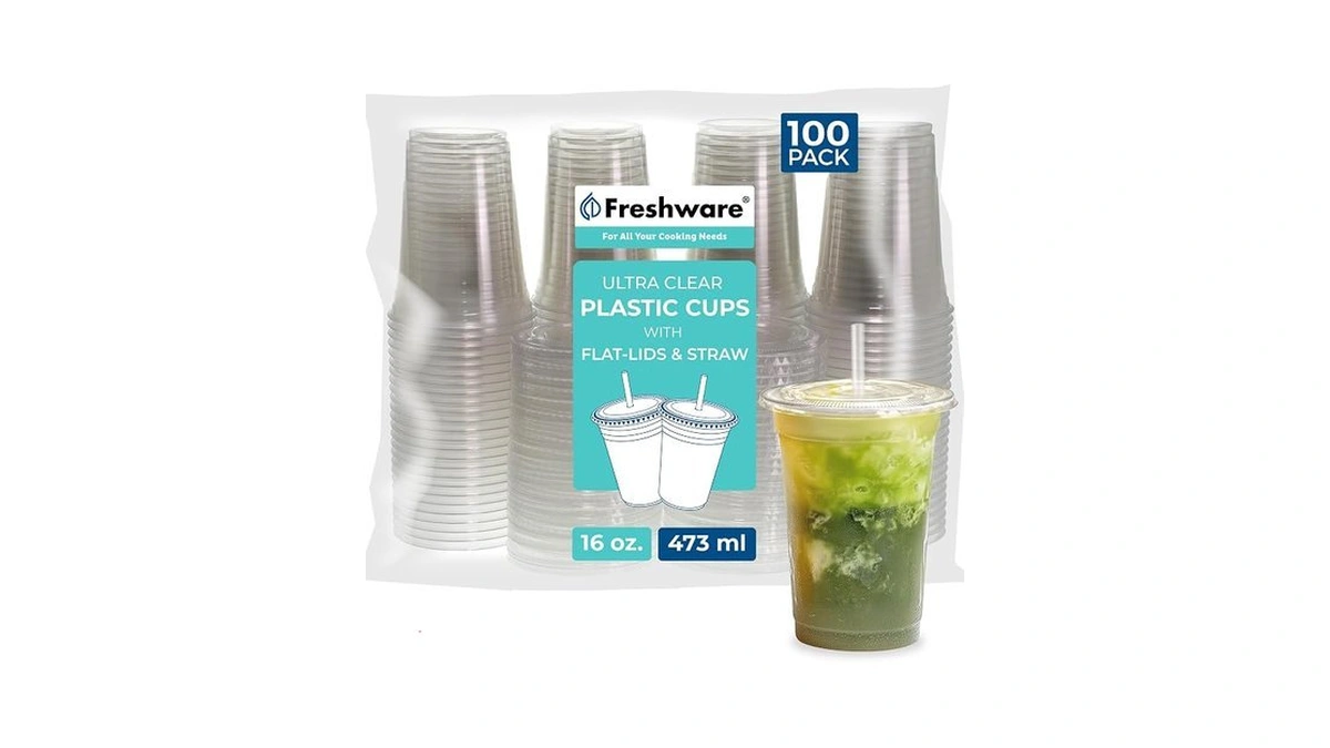 Freshware Clear Plastic Cups With Flat Lids And Straws [100